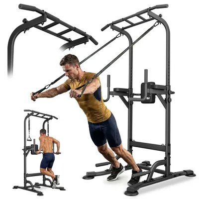Produktbild von TREX SPORT Power Tower Dip Station & Klimmzugstange freistehend TX-150PR | multifunktionaler Kraftturm mit Expandern | Fitness Kraftstation bis 150 kg