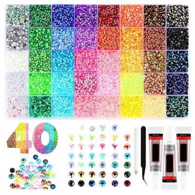 Glitzerstein-Set, 35.000 Stück, 3 mm, 40 Farben, mit Kleber