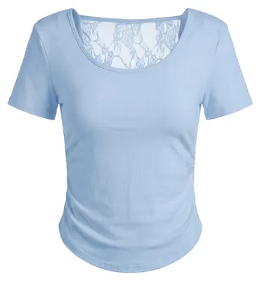 Produktbild von Blaue Bluse mit kurzen Ärmeln und Spitzendetails, reguläre Passform, Größe S