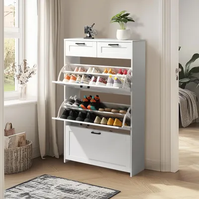Produktbild von FCH Schuhschrank mit 3 Klappen, Schuhregal mit 2 Schubladen, 80 x 23 x 125 cm, Weiß