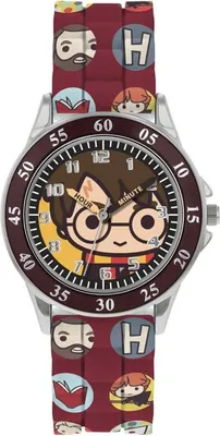 A close-up view of a Harry Potter themed children's watch with a maroon strap featuring cartoon characters and the letter 'H'. The watch face displays a cartoon image of Harry Potter.