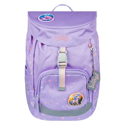 A studio shot of a purple backpack with colorful polka dots and unicorn and flamingo patches.
