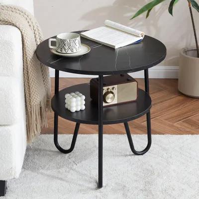 Runde Salontafel, 2 Ablagen, schwarz, 50×50×48 cm