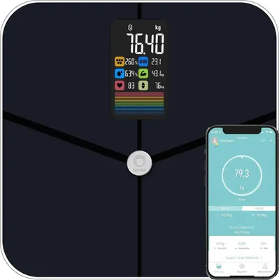 Produktbild von Fitleap Waage mit Körperfett- & Muskelanalyse bis 180kg, mit großen Display & App, Personenwaage und Körperfettwaage auch für große Füße geeignet, Dunkelblau