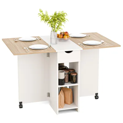 A drop-leaf kitchen table with storage shelves and a drawer, set against a white background.