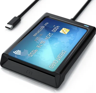 A black USB-C smart card reader with a credit card inserted, shown on a white background.