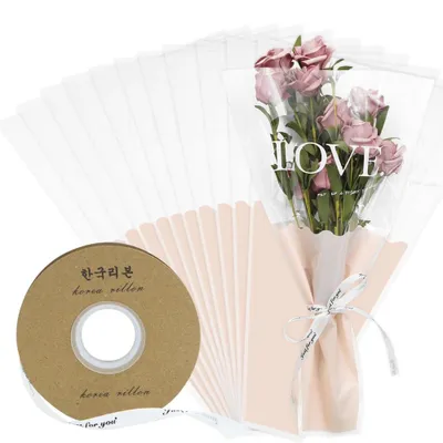 Rosenärmel 50 Stück, Blumenverpackung, rosa, mit Band