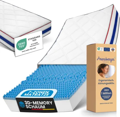 A collage of a mattress and its packaging, highlighting features and certifications.