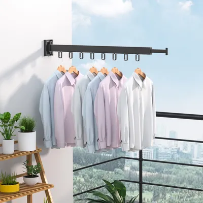 Image de (1 pôle 60 cm) Séchoir à linge mural, cintre pliable, séchoir à linge rétractable pour l'intérieur et l'extérieur, porte-manteau peu encombrant, séchoir à linge rétractable