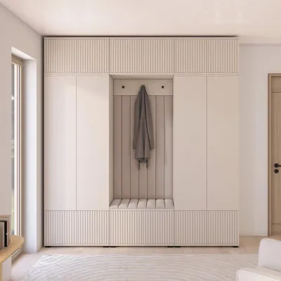 Produktbild von Garderoben-Set Ritmo version 3 – gefräste Kleiderschrank mit Polsterplatten, Schuhschrank, für Flur und Eingangsbereich (cashmere, Trinity 02)