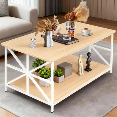 Produktbild von 2 Ebenen Couchtisch für Wohnzimmer,Rechteckiger Sofatisch Beistelltisch mit Ablage,Holz + Metallgestell,für kleine Räume,Home Office 100x52x47,5cm