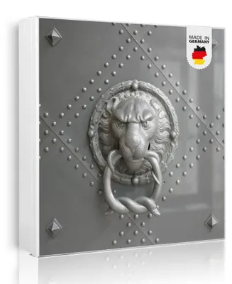 Produktbild von banjado Schlüsselkasten aus Metall, 30x30cm groß mit 32 Haken, als Magnettafel nutzbar, Korpus weiß, Anschlag rechts, Eisentor [SKGW1 10045]