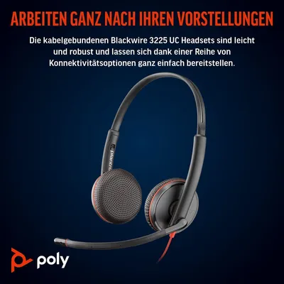 Zdjęcie produktu dla HP Poly Zestaw słuchawkowy Poly Blackwire 3225 Stereo USB-C + wtyczka 3,5 mm + przejściówka USB-C/A, Przewodowa, Biuro/centrum telefoniczne, 200 - 6800 Hz, 119 g, Zestaw słuchawkowy, Czarny