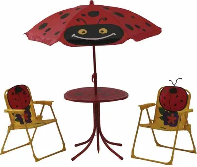 Productafbeelding van Siena Garden 672618 Marie Marienkäfer kinderset. Bevat: 2 inklapbare stoelen, 1 tafel, 1 parasol. Thema: Marienkever