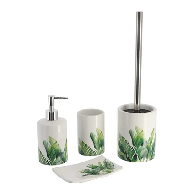 Obrázok produktu pre Tendance sada kúpeľňových doplnkov 4-dielny dávkovač mydla miska na mydlo zubná kefka pohár WC kefa bielo zelený dolomit 7,4x7,4x17,5 cm