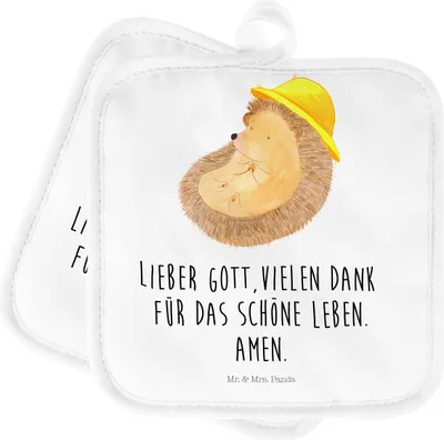 Produktbild von Mr. & Mrs. Panda Topfuntersetzer Igel Beten - Weiß - Geschenk, Lustige Sprüche, Leben, topfhalter, Topflappen, Kochlappen, Gott, Sonnenhut, Set, Topflappenset