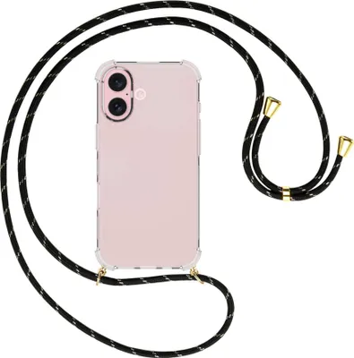 Produktbild von Handykette Backcover-Schutzhülle mit Band (Metall goldfarben) für iPhone 16 - schwarz/gold