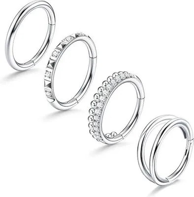 Produktbild von Unyqoos® 4er Set Nasenringe 18G/16G aus 316L Chirurgenstahl – CZ Septum Clicker & Scharnier-Segmentringe für Nase, Ohr & Lippe