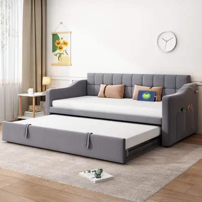 Obrázek produktu pro MODFU rozkládací čalouněná postel 2 v 1, multifunkční rozkládací pohovka, 90/180x190 cm, rozkládací pohovka se zásuvkou a úložným vakem, bez matrace, sametová látka, šedá barva