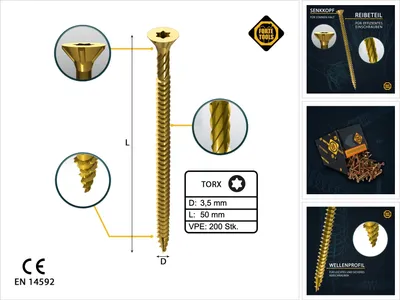 Obrázok produktu pre FORTE Tools Univerzálna skrutka do dreva 3,5 x 50 mm T15 200 ks ( 000051399471 ) žltá pozinkovaná Torx so zápustnou hlavou s plným závitom