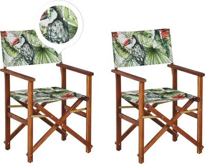 Produktbild von BELIANI Gartenstühle 2er Set Dunkles Akazienholz mit Wechselbarem Bezug Grau / Bunt Zusammenklappbar Tukanmuster Outdoor Gartenzubehör