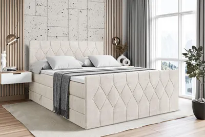 Produktbild von ALTDECOR Boxspringbett mit Matratze und Lattenrost  - VELANTO KING  - 200x200 cm  - Beige Samt - Topper, Fußteil, Polsterbett mit Bettkasten, Bett mit Stauraum H3 - und H4 - Matratze, Doppelbett, Springboxbett