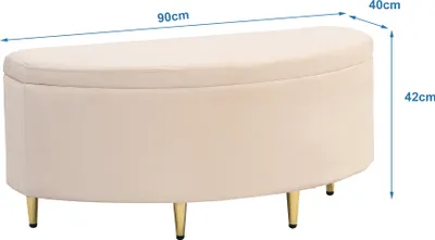 A beige upholstered storage bench with gold metal legs, shown with dimensions indicated by text overlays.