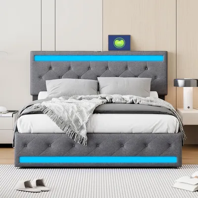 Obrázek produktu pro Postel INONEFT, 140x200 cm, moderní čalouněná postel s LED osvětlením a USB porty, postel pro mládež se 4 zásuvkami s úložným prostorem, bez matrace, barva: tmavě šedá (len)