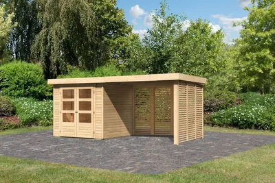 Produktbild von Karibu Gartenhaus Gerätehaus Askola 2 im Set mit Anbaudach 2,80 m Breite und Feuerholzoption naturbelassen 468x217x211 cm