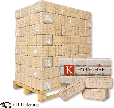 Produktbild von 960 kg RUF Briketts !SONDERAKTION! Hartholzbriketts aus Buche und/oder Eiche | 96 x 10 kg Holzbrikett auf Palette | Energie Kienbacher®