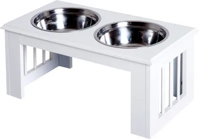 Imagen del producto de Comedero elevado para perros, con cuencos de acero inoxidable, estructura de MDF, antideslizante, fácil de limpiar, color blanco, dimensiones: 58,4 x 30,5 x 25,4 cm