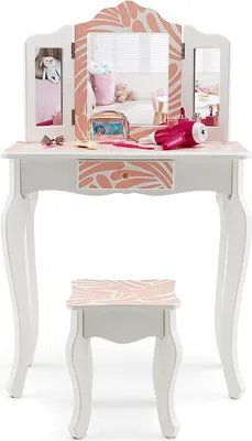 Produktbild von COSTWAY Kinder Schminktisch mit Hocker, 2 IN 1 Frisiertisch Schreibtisch mit dreifach klappbarem Spiegel & Abnehmbarer Platte & Schublade, Schminkkommode im Prinzessin-Stil (Zebra)
