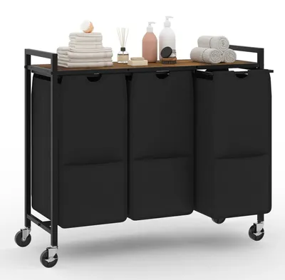 Image de Chariot de linge sur roulettes - Collecteur de linge à 3 compartiments avec espace de rangement - 3 sacs amovibles de 40 litres - Structure métallique - Marron