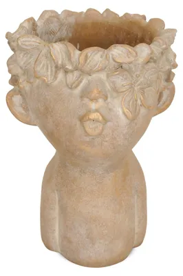 Image de Pot de plantes - tête avec couronne de fleurs visage ciment brun or