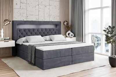Produktbild von ALTDECOR Boxspringbett mit Matratze (20 cm hoch) und Topper (4 cm hoch), Polsterbett mit Kopfteil, Bettkasten und LED Licht - NOEL GOLD - 180x200 - H4 / Dunkelgrau Samt