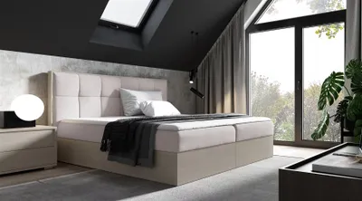 Produktbild von Boxspringbett Bett THANOS 160x200cm Nordic Teak Stoff Hellbeige inkl. Bettkasten