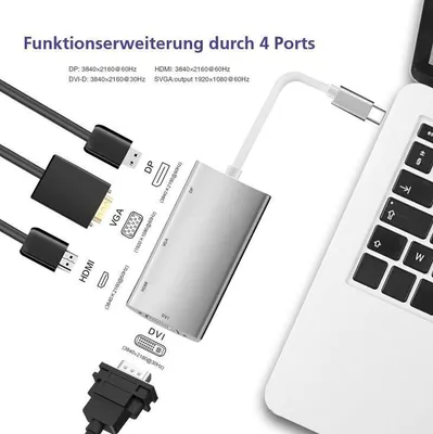 Produktbild von helos HUB, USB 3.1 Type-C™ St./DP/HDMI/DVI/VGA Bu, PREMIUM 4K, silber