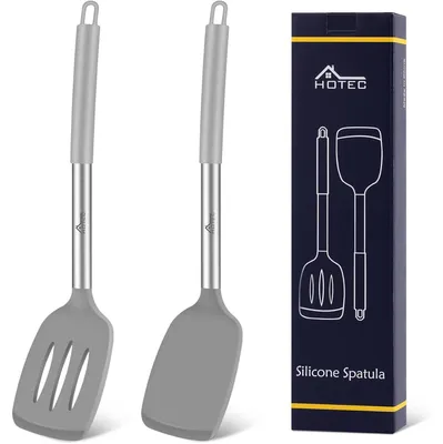 Immagine prodotto di Set di 2 spatole in silicone, resistenti al calore fino a 315°C, senza BPA, con manici in acciaio inossidabile, colore grigio, lunghezza 34 cm
