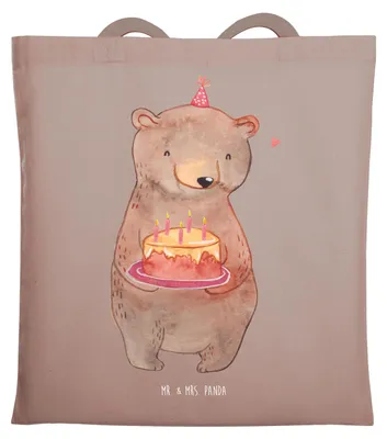 Produktbild von Mr. & Mrs. Panda Tote Bag Geburtstag Bär Torte - Braun Pastell - Geschenk, Shopping Tasche, Party, Beutel, Jutebeutel, Stoffbeutel, Herzlichen Glückwunsch, Schultasche