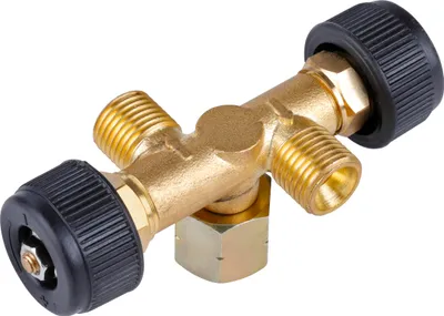 A brass gas valve with black knobs on a white background.