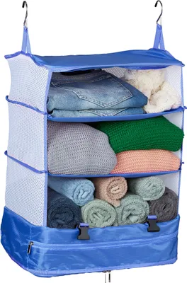 Zdjęcie produktu dla Organizer do bagażu Relaxdays do zawieszenia, wymiary: 55 x 44 x 30 cm, składany organizer do walizek, 4 przegródki, przenośny koszyk do pakowania, niebieski