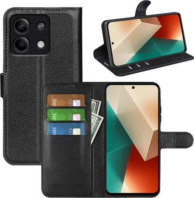 A collage of a black leather wallet-style phone case with a phone inside, and a separate view of the phone case open with cards and cash inserted.