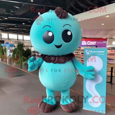 Immagine prodotto di Personaggio mascotte REDBROKOLY di un Ciano Cioccolato vestito con un body e fasce per la testa