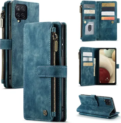 Immagine prodotto di Custodia Galaxy A12, Custodia in Finto cuoio con cerniera, chiusura magnetica, tasca per carte, supporto, portafoglio, custodia protettiva per Samsung Galaxy A12 Blu