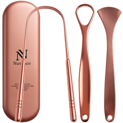 Productafbeelding van Nuvance Professionele Tongschraper - 3 in 1 Set - voor Mondverzorging - Tongreiniger - Tong Schraper - Tongue Scraper - RVS - Rose