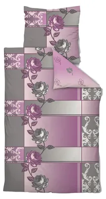 Produktbild von Hochwertige Fleece Bettwäsche Blumen Ornamente Grau Lila 135x200 80x80cm: 2tlg.