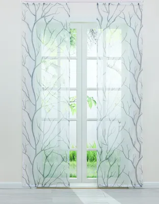 Produktbild von Joyswahl 2er Set Schiebegardine Flächenvorhang mit Klettband Voile Gardinen mit grauem Zweigmuster BxH 57x 225 cm Weiß 2 Stück