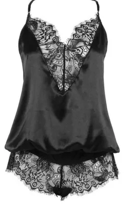 Immagine prodotto di Camicia da notte in raso - Donna - Pigiama in pizzo - Sottoveste confortevole - Nero