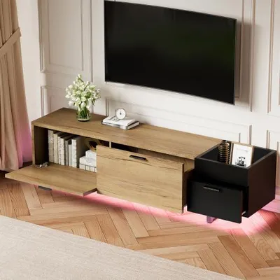 Produktbild von Schwarz 180 x 38 x 49 cm TV Board Modern TV-Schrank Mit Schubladen Offene Faecher Geschlossener Stauraum Wohnbereich