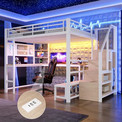 Immagine prodotto di Letto a soppalco MODFU, 140 x 200 cm, in metallo, letto per ragazzi con scrivania, letto multifunzionale con illuminazione LED e prese USB e USB-C. Struttura del letto senza materasso, colore bianco